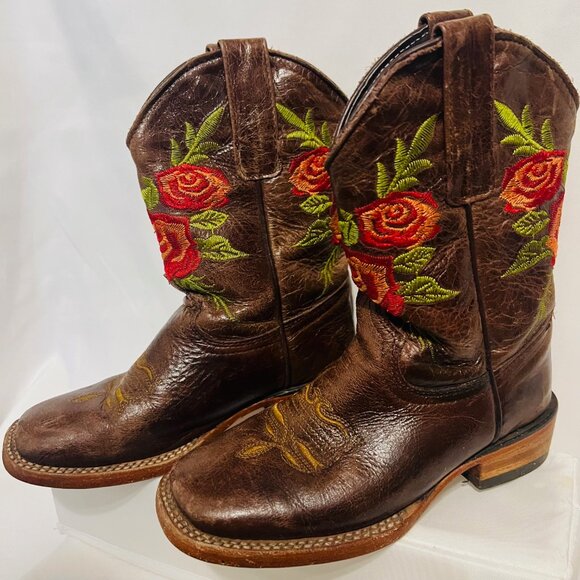 Dos Tonos Boots-Girls Sz 13-Brown Leather/Red/Green-1 1/4" Heel-Handmade Guatama - Picture 3 of 16